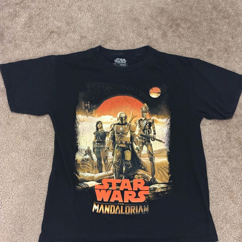 Star Wars Mandalorian Black Tee with Orange and Yellow Graphic